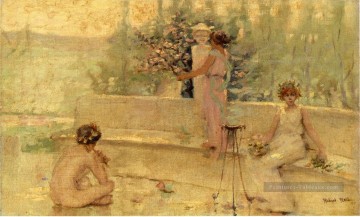 Trois figures dans un jardin italien dame Robert Reid Peinture à l'huile
